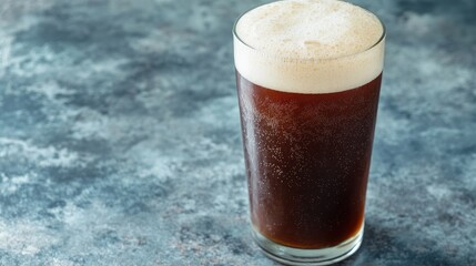 Poster - Frothy pint of dark beer on textured surface with space for custom text or branding in a bar or restaurant setting