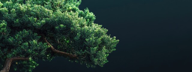 Poster - Dramatic Green Juniper Tree Against Dark Background with Ample Space for Text and Imagery