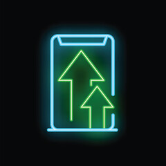 Poster - Neon glowing icon of uploading data from smartphone on black background