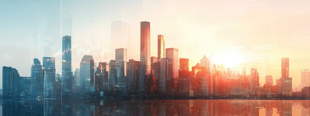 Aufkleber - Double Exposure of Urban City Skyline with Stock Market Graph and Space for Text for Financial or Business Themes