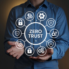 Poster - Securing the Digital Frontier: Zero Trust Security Concept. A futuristic holographic representation of a Zero Trust security model held by a person,  