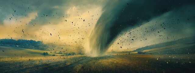 Poster - Dramatic tornado sweeping through a rural landscape creating an atmospheric scene with ample copy space for text and messages.
