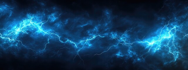 Poster - Dramatic Blue Lightning Strikes Against Dark Stormy Sky with Clear Space for Text and Graphics