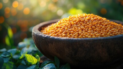 Aufkleber - Close-Up of Raw Yellow Lentils in Rustic Bowl Set Against Blurred Natural Background with Copy Space for Text or Advertising Ideas