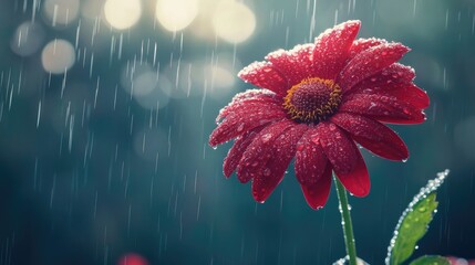 Poster - Red flower adorned with raindrops in nature, featuring a dreamy bokeh background and ample space for text overlay.