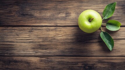 Aufkleber - Fresh green apple on rustic wooden table with leaves and ample copy space for your text or branding purposes.