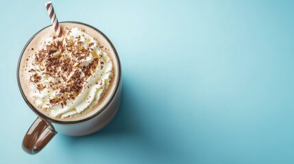 Poster - Close up of a steaming hot chocolate with whipped cream and chocolate shavings on blue background with space for text or branding