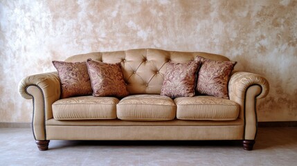 Poster - Elegant beige sofa with decorative pillows in contemporary living room featuring a textured wall and ample space for personalized text or design.