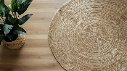 Poster - Beige round area rug flat lay on wooden floor with potted plant and ample empty space for text or design placement
