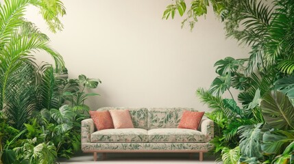 Poster - Cozy sofa adorned with decorative pillows set amid lush greenery in a bright modern minimalist boho interior with ample blank space for text