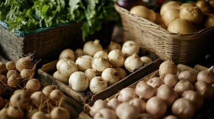 Poster - Rustic market stall display with fresh organic vegetables in baskets showcasing healthy produce and ample space for promotional text