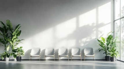 Poster - Modern waiting room design featuring chairs and plants with ample empty space for customizable text and branding.