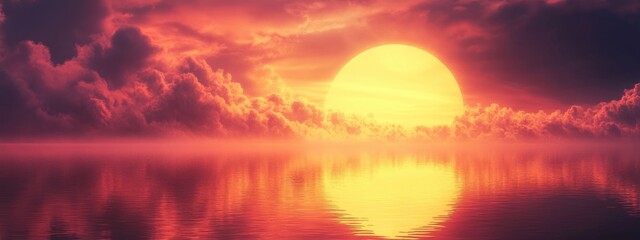 Poster - tranquil lake at sunset with vibrant reflections and ample empty space for text or graphics in a ser
