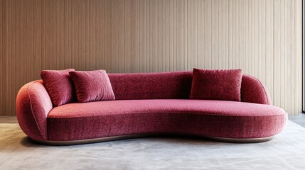 Poster - Stylish Curved Sofa in Modern Living Room Interior with Elegant Textured Walls and Space for Creative Textual Content