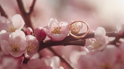 Poster - Close up of blooming plum tree flowers with golden wedding ring on petals and soft background for text placement