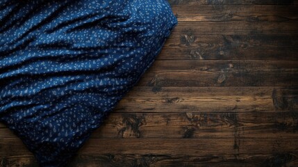 Poster - Cozy navy blue bedding draped over wooden bed frame on rustic floor with ample empty space for creative text and design elements