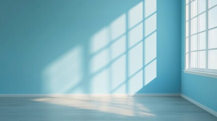 Poster - Fresh blue double guest bedroom interior with ample natural light and empty wall space ideal for text or graphic overlay.