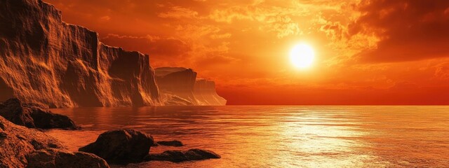 Poster - Vivid orange sunset over serene ocean cliffs with tranquil water reflecting the sky and ample space for text or graphics