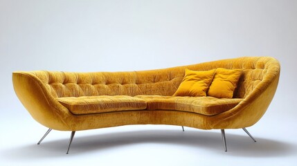 Poster - Stylish curved yellow couch with vibrant upholstery and soft cushions in a minimalist setting ideal for contemporary interior design concepts