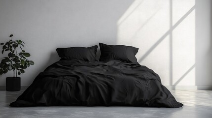 Poster - Modern minimalist bedroom with black bedding and ample space for text in bright interior setting natural light shadows.
