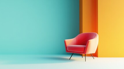 Poster - Vibrant Minimalist Living Space with Colorful Walls and Cozy Armchair Perfect for Text Overlay