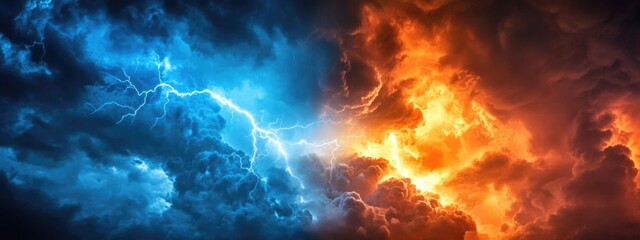 Poster - Dramatic lightning bolts contrasting blue and orange storm clouds with ample space for text or branding in a striking natural scene
