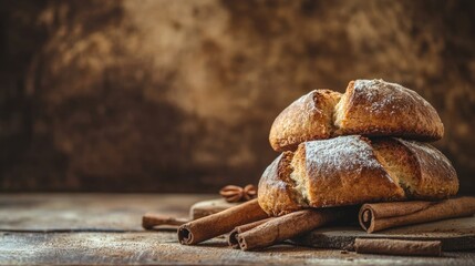 Poster - Homemade cinnamon bread loafs arranged on rustic wooden table with cinnamon sticks and empty space for text or branding design
