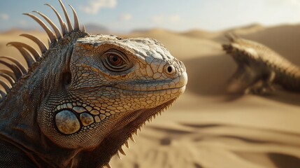 Poster - Iguana head in desert setting with blurred background and ample space for text or graphic overlay in a natural environment