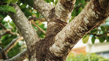 Poster - Close up of a textured giant tropical plant trunk showcasing rich bark details and ample copy space ideal for text overlay
