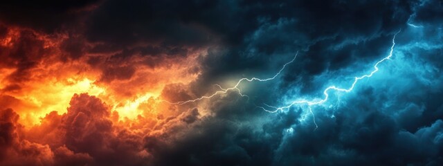Poster - Dramatic Stormy Sky with Lightning Bolts and Fiery Clouds Ideal for Text Overlay and Weather Related Themes