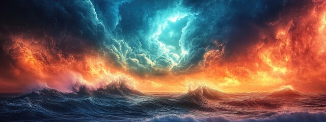 Poster - Dramatic ocean waves under a stormy sky with vibrant colors and space for text showcasing nature's power and beauty