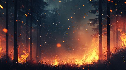 Poster - Fiery Landscape in Smoky Dark Forest with Abstract Elements and Empty Space for Text or Graphics