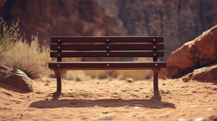 Poster - Desert bench close up in a serene landscape offering empty space for text and natural elements in a tranquil environment