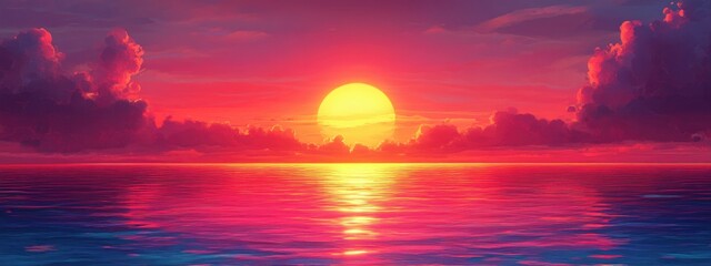 Poster - vibrant sunset over calm ocean with colorful clouds and clear sky ideal for text overlay or backgrou