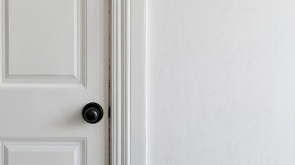 Aufkleber - Close up of a half open white door with black doorknob against light walls creating empty space for text and creative design use.