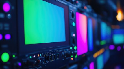 Poster - Digital Media Controller Interactive Display Network with Colorful Screens and Copy Space for Creative Communication Concepts
