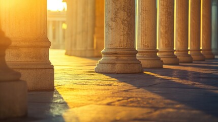 Poster - Golden hour illuminates plaza columns creating warm shadows and inviting empty space for text or design content.