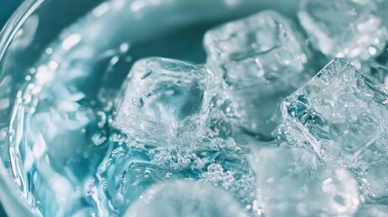 Poster - Close up of ice cubes submerged in clear water with gentle bubbles and ample negative space for text or design overlay