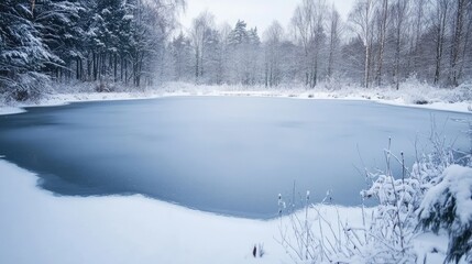 Poster - Frozen lake landscape with snow covered ice patterns and tranquil winter scenery featuring ample space for text or design elements