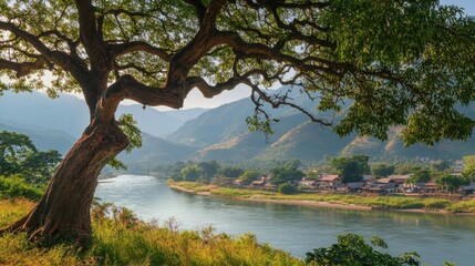 Aufkleber - Close up of a large tree by a riverbank with scenic mountains in the background and space for text and design elements