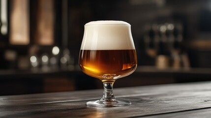 Poster - Glassy beer on dark wooden surface with frothy top and ample copy space for text or branding purposes