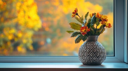Poster - Houseplant and flower vase on a windowsill with autumn scenery creating a warm atmosphere and inviting empty space for text placement