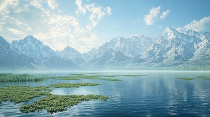 Poster - Serene mountain landscape reflecting on a tranquil pond with algae under a bright blue sky and snow-capped peaks in morning light.
