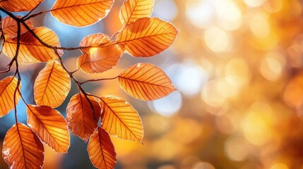 Leinwandbilder - Autumn leaves with vibrant orange hues and soft bokeh background creating a serene atmosphere ideal for text placement and design usage