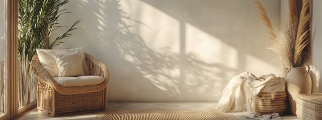 Poster - Cozy terrace interior featuring rattan furniture with soft lighting and ample copy space for text or creative design elements.