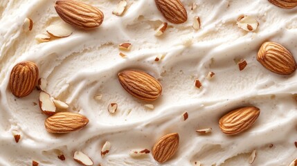 Aufkleber - Creamy ice cream topped with almonds on smooth texture background with space for creative text or advertising content