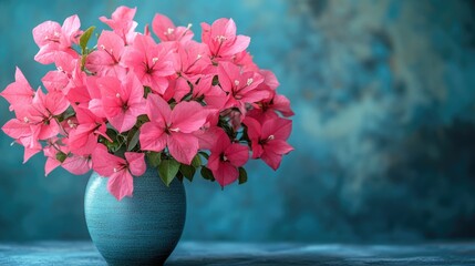 Poster - Vibrant pink bougainvillea flowers in a ceramic vase against a blue textured background with ample empty space for text insertion