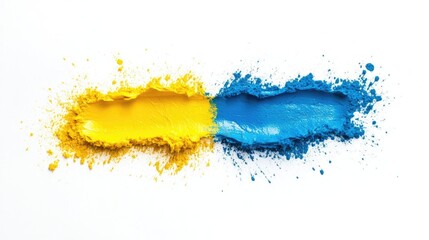 Fototapete - Vibrant yellow and blue paint splashes on a clean white background creating artistic texture and space for creative text insertions