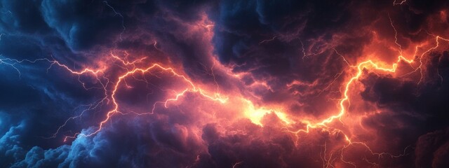 Poster - Dramatic lightning bolts illuminating stormy sky with vibrant colors and ample empty space for text placement or graphic elements
