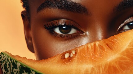 Poster - Close up of healthy dark skin featuring vibrant melon with emphasis on eyes and empty space for text placement in digital artwork